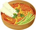 Food illustration, kimchi with vegetables, cucumber, sweet peppers, tofu slices and greens